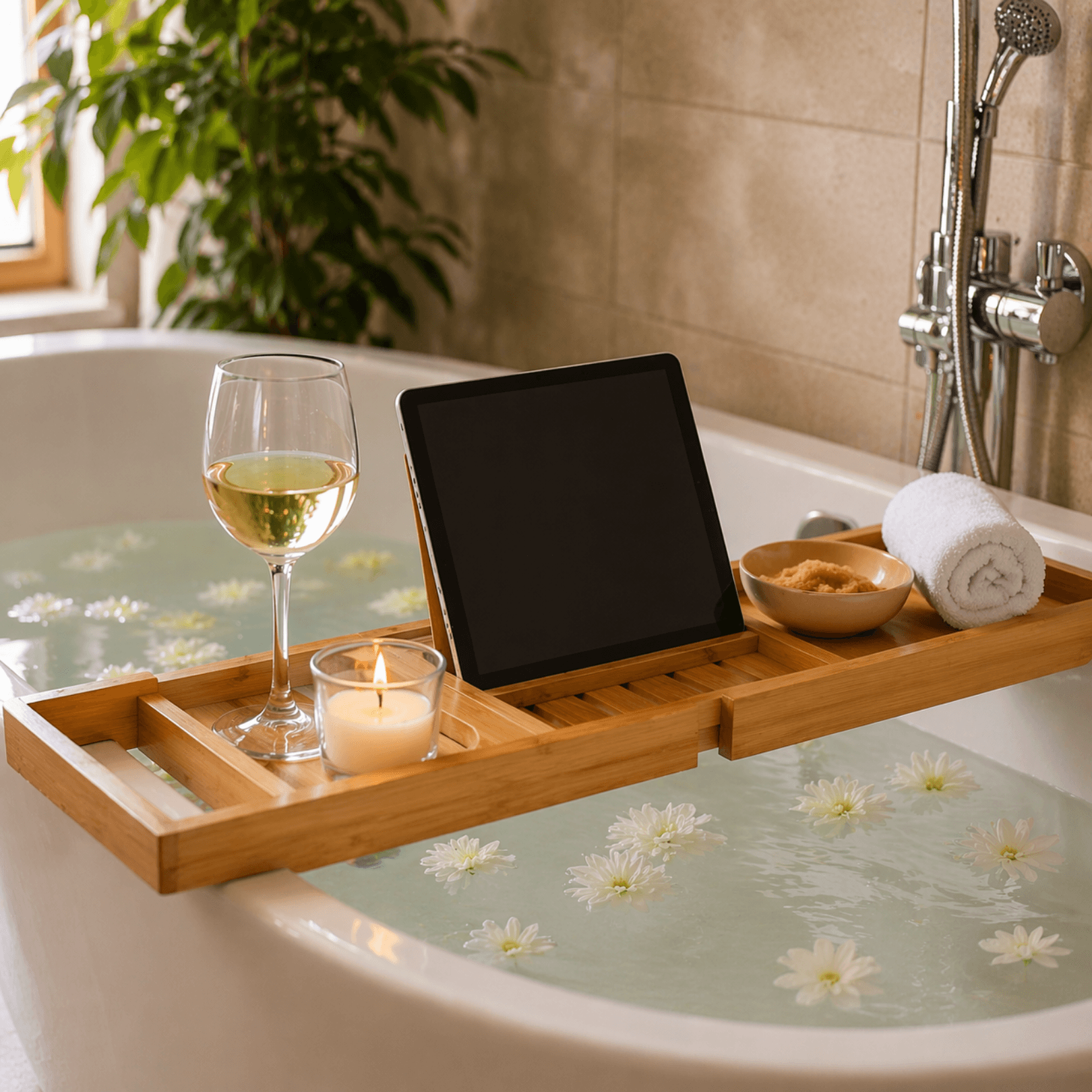 Bamboo bathtub caddy tray for bath essentials like candles, books, wine glass, and soap for a relaxing home spa experience