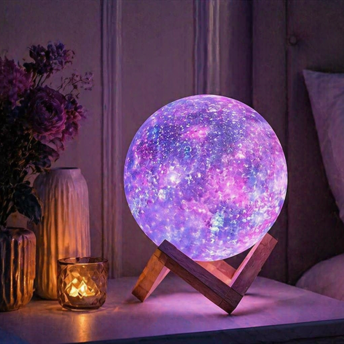 3D moon lamp glowing on bedside table, creating cozy, aesthetic bedroom ambiance