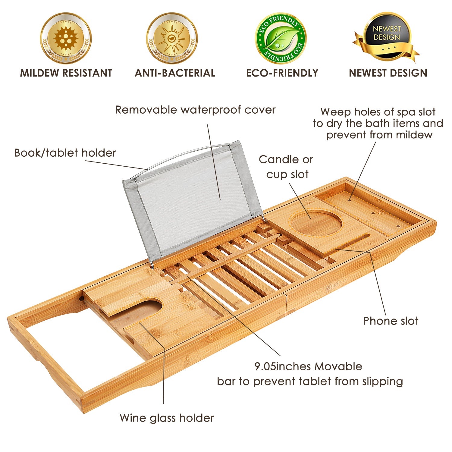 Adjustable Bamboo Bathtub Caddy Tray – Luxury Spa Organizer for Book, Tablet & Wine