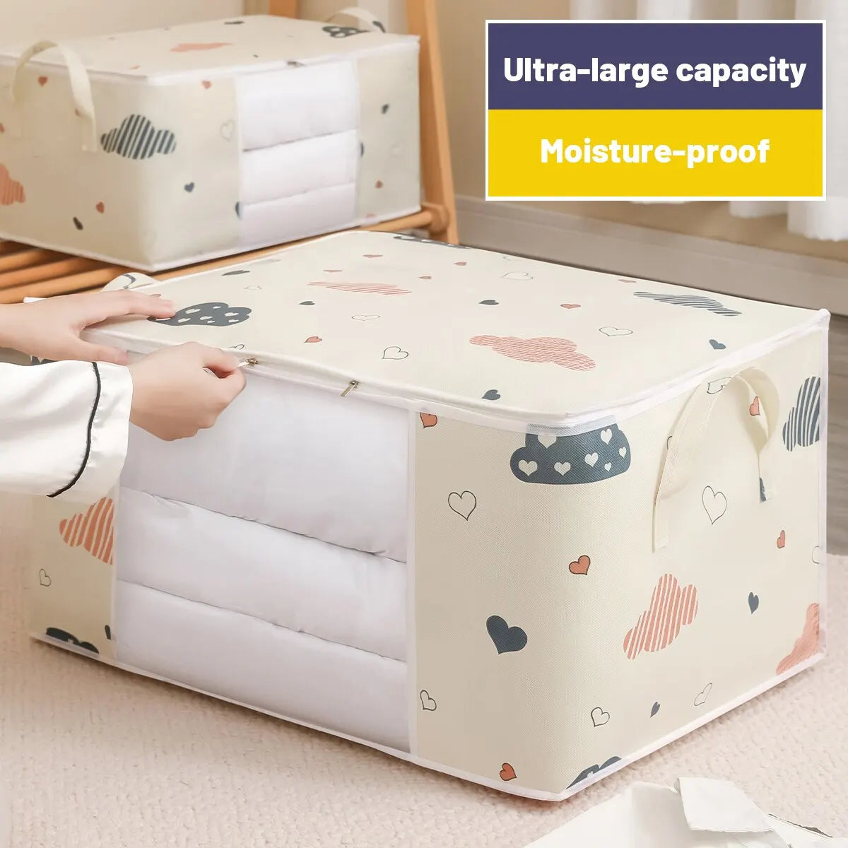 "Foldable storage bag for clothes and blankets"