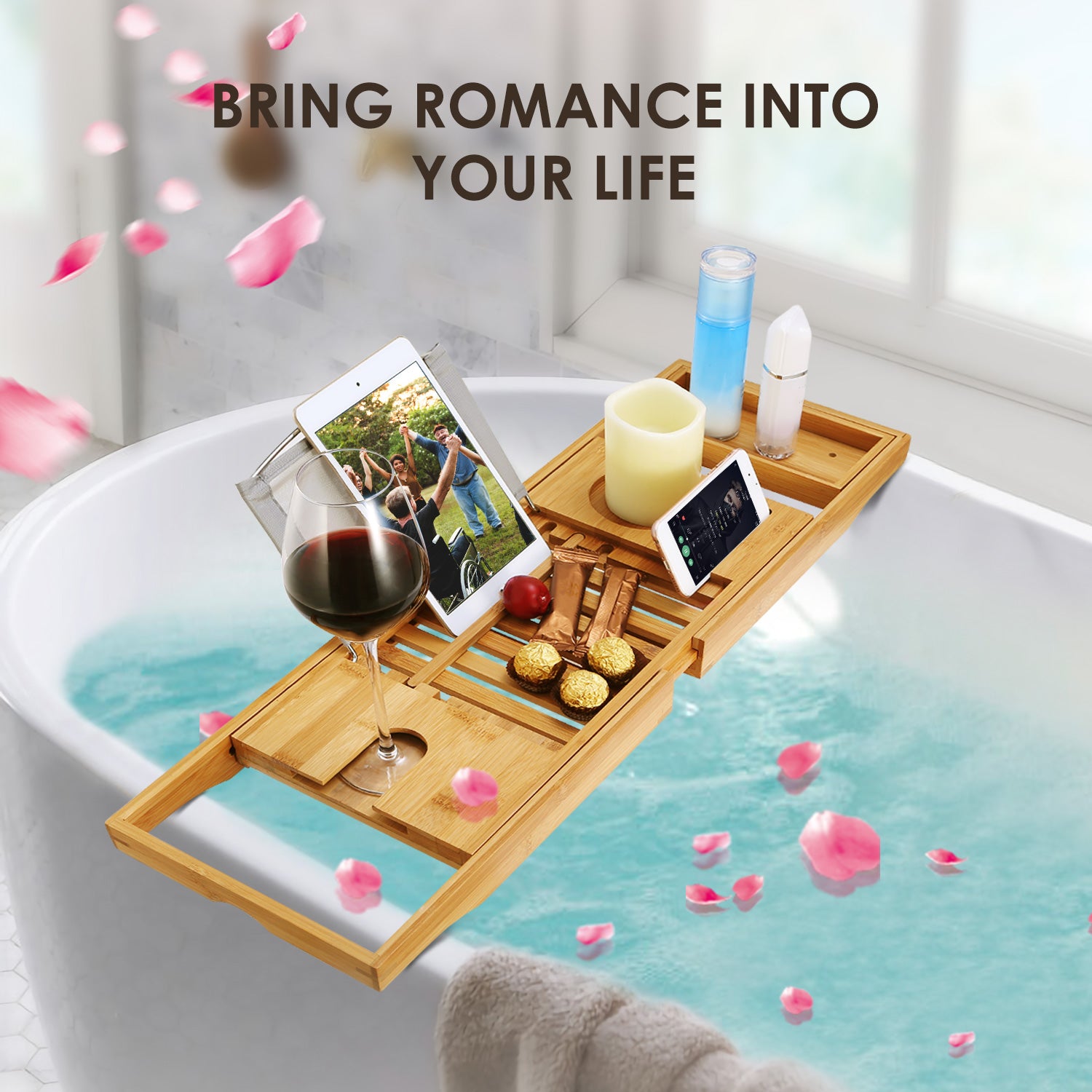 Adjustable Bamboo Bathtub Caddy Tray – Luxury Spa Organizer for Book, Tablet & Wine