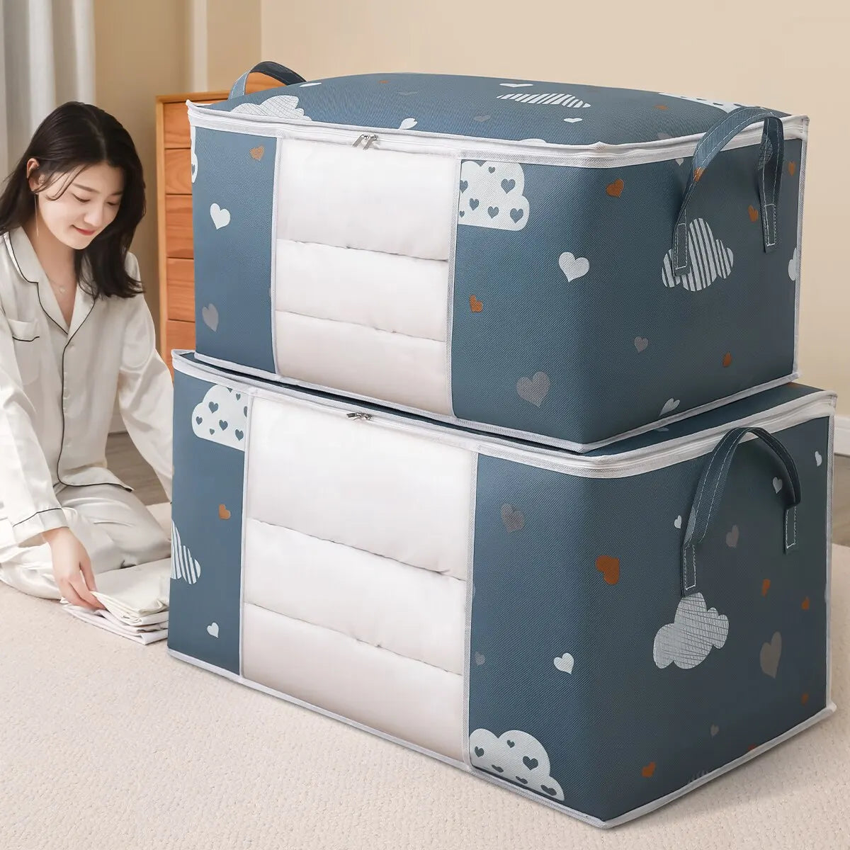 "Foldable storage bag for clothes and blankets"