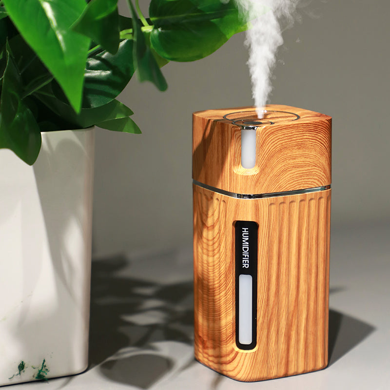 Electric Ultrasonic Wood Grain Air Humidifier & Aroma Diffuser – USB Mini Mist Maker with LED Light