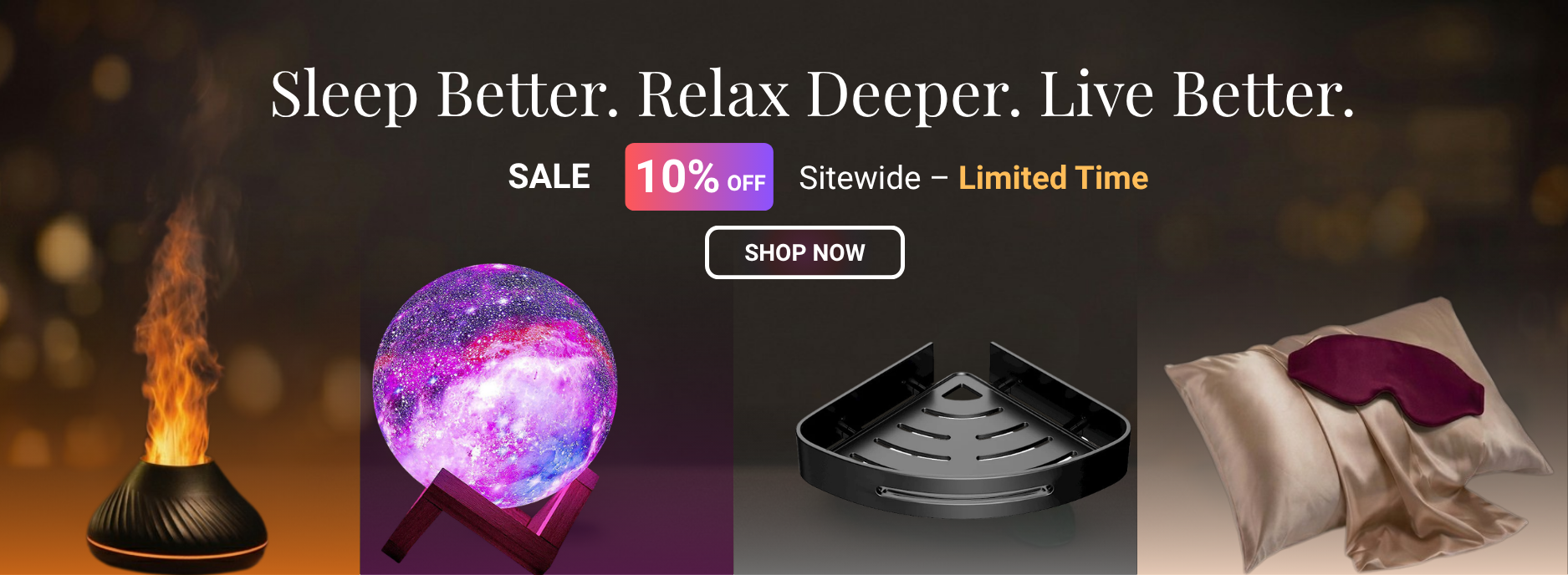 Sleep better wellness products sale banner with diffuser, galaxy lamp and silk sleep mask