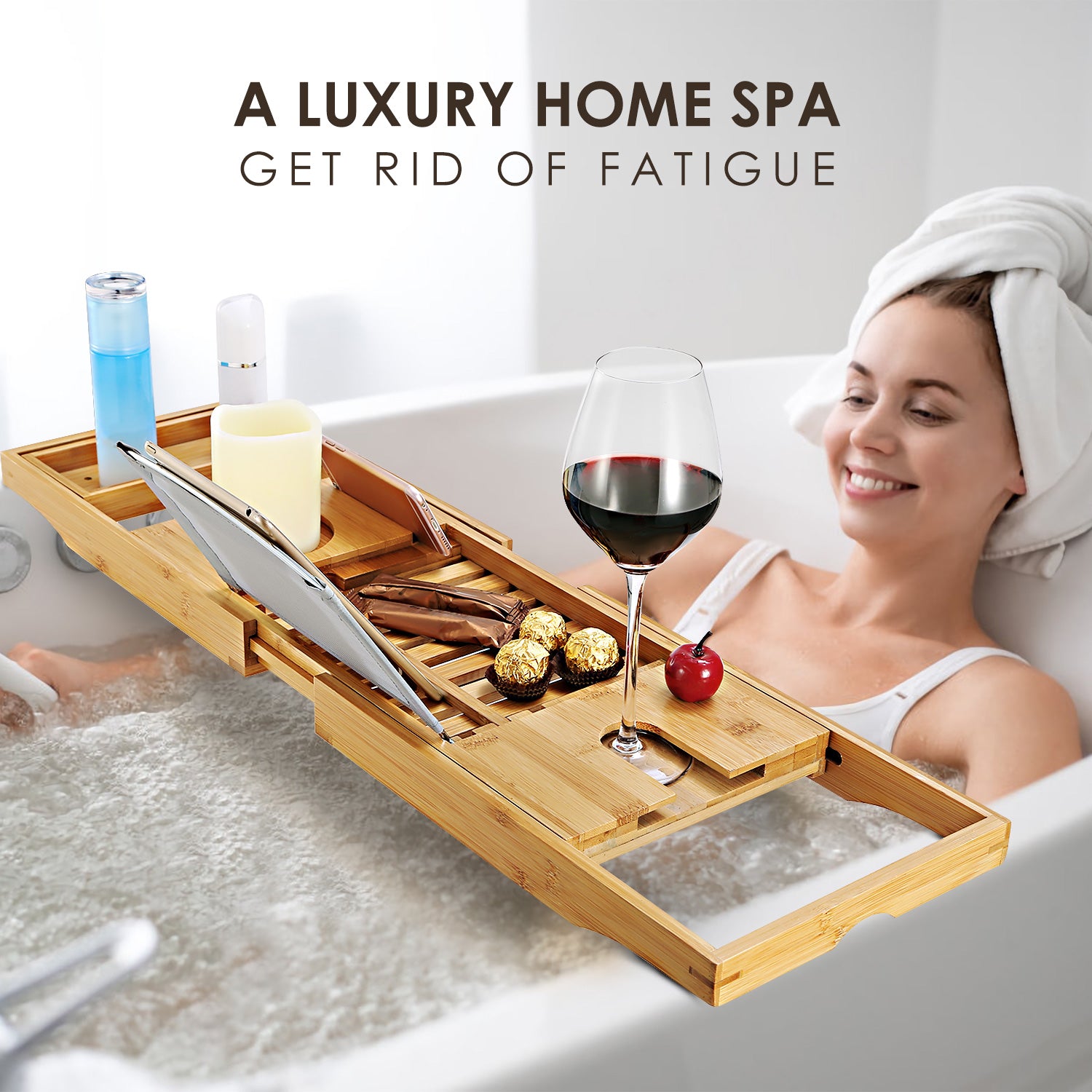 Adjustable Bamboo Bathtub Caddy Tray – Luxury Spa Organizer for Book, Tablet & Wine