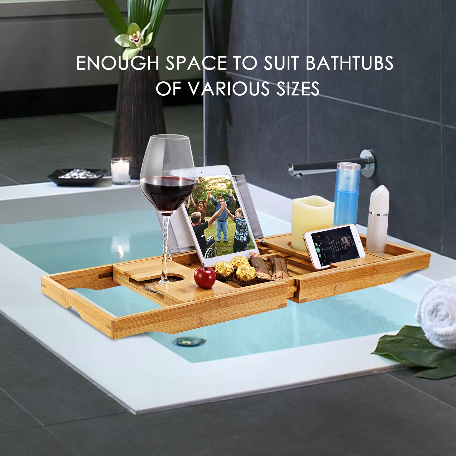 Adjustable Bamboo Bathtub Caddy Tray – Luxury Spa Organizer for Book, Tablet & Wine
