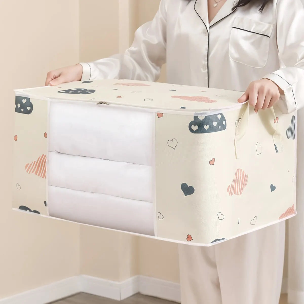 "Foldable storage bag for clothes and blankets"