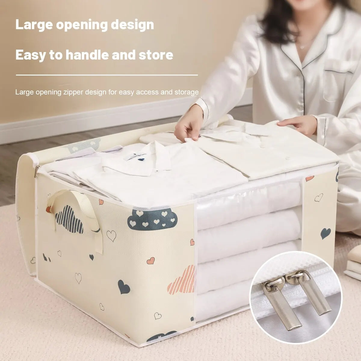 "Foldable storage bag for clothes and blankets"